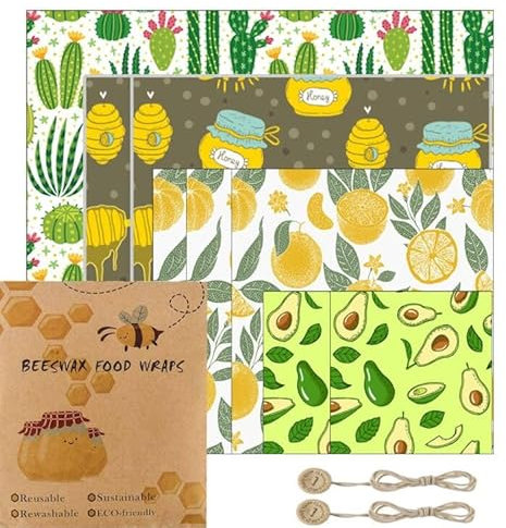 FOOLS ALIBAI Beeswax Cloths Set of 6 - Organic Beeswax Wraps - 100% Natural & Environmentally Friendly - Reusable - Food Safe (8 Pieces VEG), ESA1125