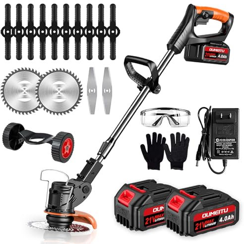 Akku Rasentrimmer mit Akku und Ladegerät,3-in-1 Elektrischer Akku Motorsense & Rasentrimmer Rasen mit 2X 4.0Ah Akku & Metall Messer & Teleskopstange, Akku Freischneider für Rasenschneiden und Garten