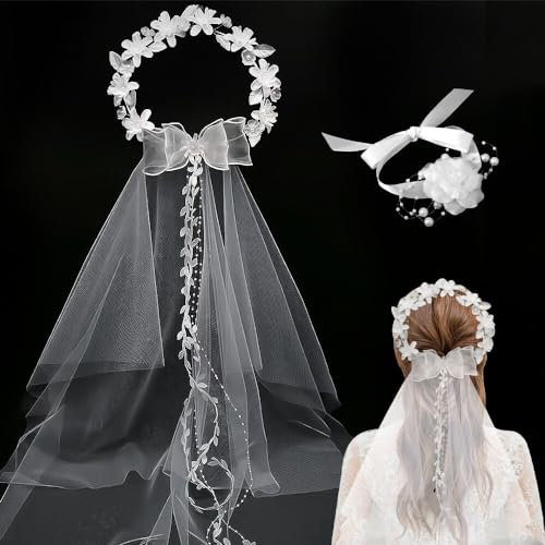 TGKYK Haarschmuck Hochzeit Kommunion, Braut Haarschmuck Hochzeit mit Handgelenkblume, Weiße Blume haarschmuck Mädchen, Haarschmuck Kommunion Mädchen, Erstkommunion für Mädchen Blumenmädchen