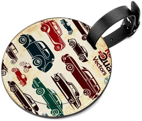 Gepäckanhänger mit Retro-Auto-Muster, Gepäckanhänger für Koffer, Leder, Gepäckanhänger für Reisen, Edelstahlschlaufe, Namensschild, für Damen, Tasche, Rucksack, 2 Stück