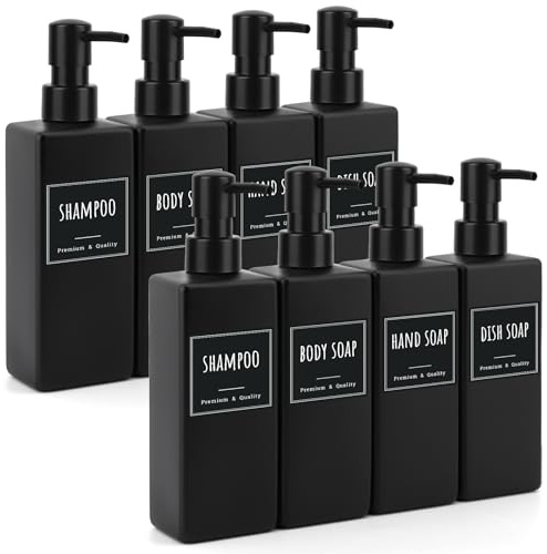 Segbeauty Dispensador Jabon Baño, 8 Piezas 500ml Dispensador de Gel y Champu, Dosificador Jabon de Plástico, Dispensador Gel con Etiquetas, Dispensador Jabon Cocina Negro Mate