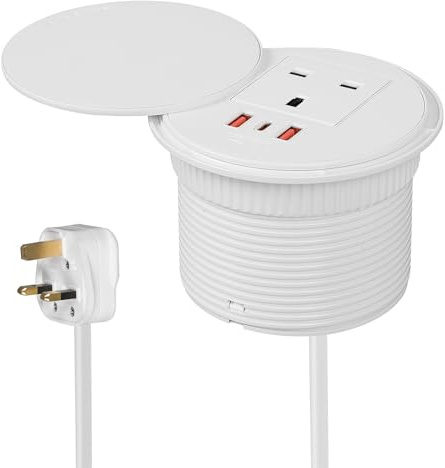 Desktop Power Strip with USB C PD 20W,Desk Grommet Socket 90mm Hole with 1 UK Plug & 2 USB Ports & 1.6m Cable,PU Leather Recessed Socket for Home Office (White)