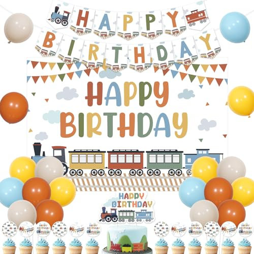 Sursurprise Train Theme Birthday Decorations, Steam Train Happy Birthday Backdrop Banner Sign, Railroad Train Crossing Cake Cupcake Topper Balloon for Transportation Traffic Vehicle Bday Party Decor