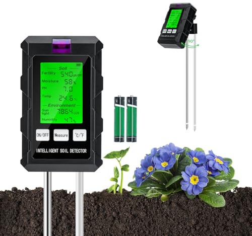Mcbazel Medidor de pH y Humedad del Suelo 6 en 1, Testador Multifuncional para pH, Temperatura, Fertilidad, Luz, Humedad Ambiental y Suelo para Jardinería, Césped y Plantas en Maceta