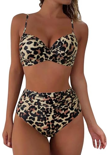 RXRXCOCO High Waisted Leopard Print Bikini Set with Padded Top and Tummy Control, S (UK 8-10), Black/Red/Yellow