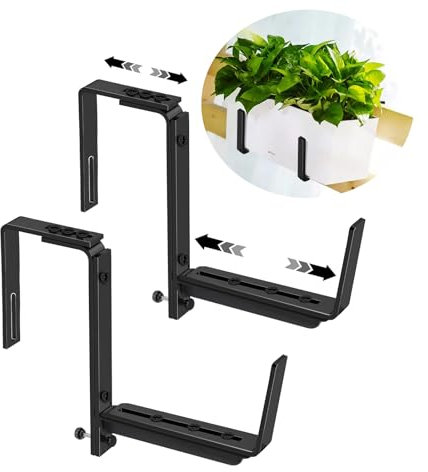 NouraVita Window Box Brackets, Adjustable Hanging Railing Planter Box Brackets, Heavy Duty Wall Mount Iron Flower Box Holder for Outdoor Windowsill, Balcony, Garden, and Fence (2 Pack)
