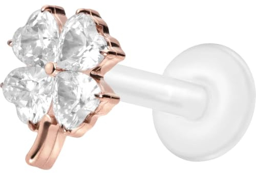 PIERCINGLINE Ohrpiercing PTFE Labret mit Gewinde + Titan-Aufsatz KRISTALLKLEEBLATT Roségoldfarben 1,2 x 8 mm