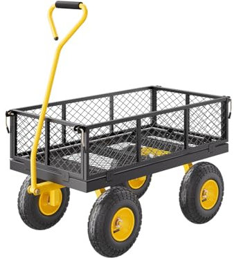 VEVOR Carrello da giardino Trasporto, Carico 226,80 kg, Carrello per Utility Robusto Tracciabile Esterno in Metallo con Pneumatici da 254 mm, Lati Rimovibili in Maglia Regolabili, Manico Rotativo 180°