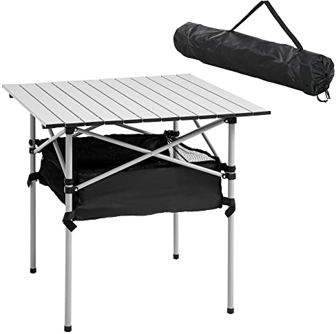 Outsunny Mesa Plegable Camping Espacio Almacenaje Malla 70x70x69 cm Plata