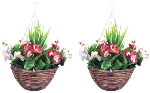 Best Artificial Lot de 2 paniers suspendus en forme de pensée pour l'extérieur Prune et blanche 25,4 cm