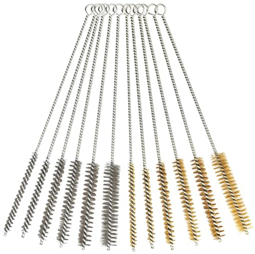 Kit med 12 st trådrör, borstar, metallrörrengörare, mässingstråd borrborstar och borstar i rostfritt stål, lång mini-trådborste för bildelar, rör, flaskor och smala utrymmen, 12 tum x 6/8/10/12/15/20