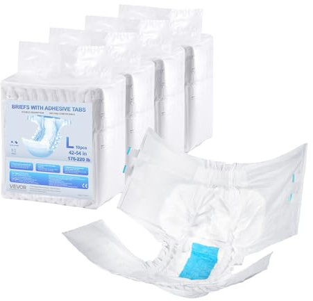 VEVOR Couche Adulte, Taille L, Sous-vêtements de Protection d'Incontinence Jetables Absorbants Anti-fuite pour Hommes Femmes, avec Languette Adhésive, Indicateur Humidité, 40 Pièces (4 Paquets de 10)