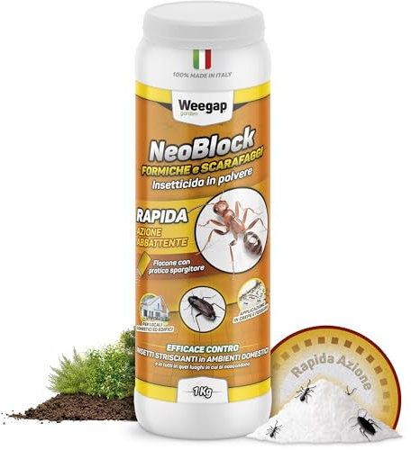 Insetticida Formiche Scarafaggi Blatte Elimina Nido, Formicaio e Insetti, Veleno in Polvere, Potente Esca Antiformiche per Interno Casa ed Esterno, Giardino, Prato, Orto con Spargitore - NeoBlock 1kg