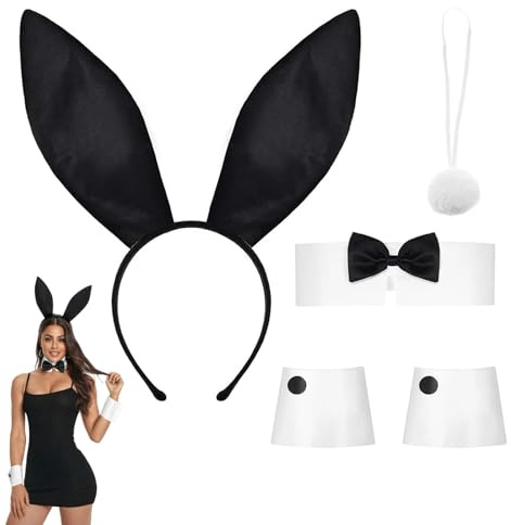 KRENIE 5PCS Bunny Costume Accessories for Adults - Bunny Ears Headband, Tail, Bow Tie, Collar & Cuffs – Easter Bunny Outfit for Women - Black and White Cosplay Set for Costume Party Cosplay