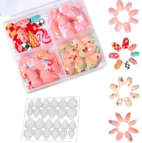 Lot de 96 faux ongles à presser sur les ongles - Motif court mignon - Couverture complète - Faux kits à coller sur les filles et enfants - Décoration avec colle en gelée