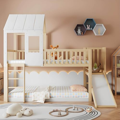 GYQSSD Lit Superposé 90 X 200 Cm avec échelle Rectangulaire Et Toboggan, Lit Cabane avec Toit Et Fenêtre, Lit Enfant avec Barrière De Sécurité Et Barrière, Structure en Pin, Naturel Et Blanc