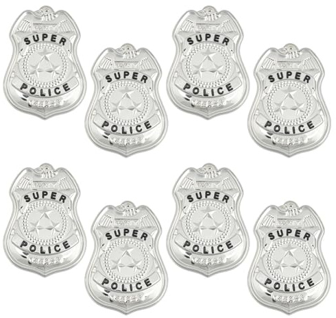 MAYJOYDIY Juego de 8 Insignias de Policía Plateadas de Hierro para Disfraz de Sheriff, Cowboy y Halloween, Broche de 56 mm x 77 mm