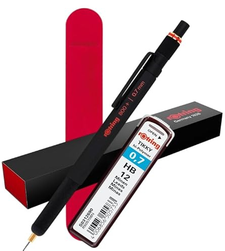 rOtring Druckbleistift mit Touchscreen-Spitze, 800+, 0,7 mm, Schwarz, Premium-Hybrid-Werkzeug, rote Samthülle + 12 HB-Minen, in Geschenkverpackung, für Architekten, Designer, Ingenieure, Studenten
