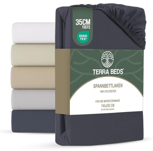 Terra Beds Spannbettlaken 140x200cm – Mikrofaser Spannbetttuch, Öko-Tex Zertifiziert, 35 cm Tiefe Tasche, knitterfreies Jersey Bettlaken – Anthrazit