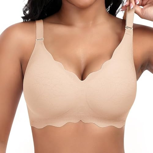 Cavotor Jelly Bras for Women Non Wired Seamless Support Wireless Comfort Bra for Large Breasts Soft Bras Ladies T Shirt Bralettes (#1 Beige,L)