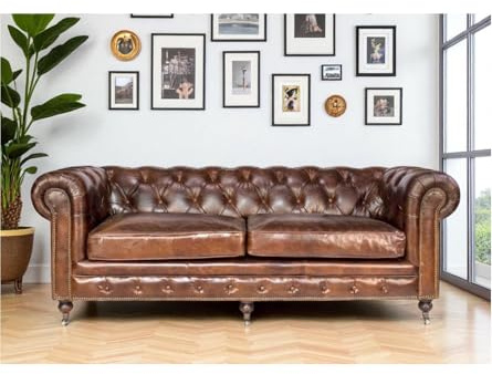 Stanfield Lancelot Canapé Chesterfield en Cuir, 3 Places, Marron Vintage, Capitonné, Profondeur 93 cm, Hauteur 78 cm, Longueur 222 cm