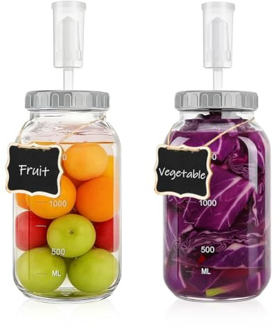 WANTOUTH 2 PCS Tarros de Fermentación 2L con Tapa, Kit de Fermentación con Cierre de Aire,Recipiente deFermentación de Vidrio, Kit de Fermentaciones con Etiquetas Cuerdas para Chucrut Kéfir Kimchi