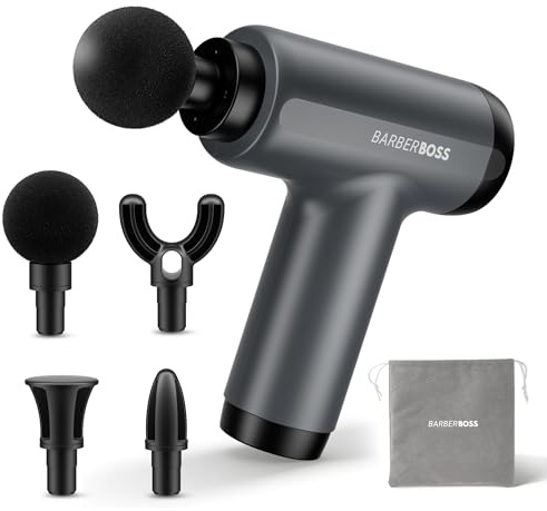 BarberBoss Mini Massage Gun with Pressure Sensor, 5 Intensity Levels Massager, Portable Handheld Muscle Massager with 4 Interchangeable Heads, Storage Pouch, Compact Body Massager, QR-3603 | Pressure Sensor, 5 Intensity Levels, 4 Interchangeable Heads, Storage Pouch, Portable Handheld