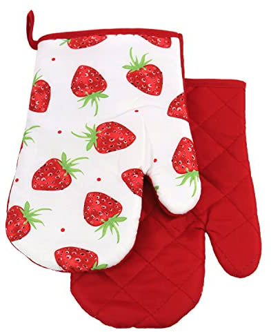 Euromat 2 TLG. Set di guanti da forno con magnete, guanti da barbecue, guanti da cucina, frutta, fragola, rosso, bianco, verde., 2 Tlg. Set