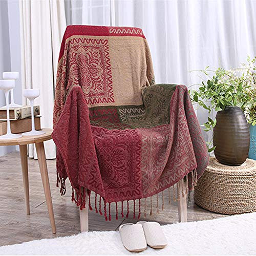 ele ELEOPTION Mantas para Sofa con borlas de Jacquard Vintage de Chenilla Patrón Tribal Patchwork de Doble Cara Fundas para Sofa, Ideal para Decoración del hogar, Cama,Sofá, Silla (Rojo, 150 x 190cm)