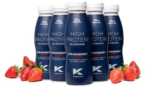 Kinetica Sports Ready-to-Drink High Protein Milkshake - Strawberry Flavour | 25g Protein/Bottle, 12 X 330ml Pack | High Protein, Low Fat & No Added Sugar |Convenient, high protein option for on-the-go