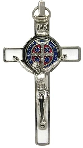 GTBITALY 10.001.11 MS - Cruz de San Benito deluxe de 8 cm, color blanco, esmaltada a mano, de plata, para exorcismo, exorcismo, Plata