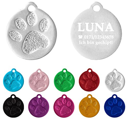 Ibera gifts - Hundemarke mit Gravur und personalisierte Hundemarke rund mit Pfote für kleine bis mittelgroße Hunde und Katzen (S-M, Silber)
