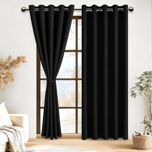 DWCN Gardinen Blickdichte Vorhänge Schlafzimmer Thermo Verdunklungsvorhänge | Schwarz, 228x167cm(HxB), Gardinen mit Ösen 2 Stücke Thermovorhang für Wohnzimmer Abdunkelnde Vorhänge