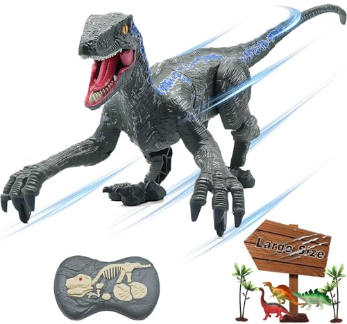 BUBUQE Remote Control Dinosaur Toys for Boys Kids Girls 3 4 5 6 7 8 Electronic RC Robot Toy Walking Roaring Velociraptor Realistic 18.1 Jurassic Dino Raptor Blue Birthday Gift