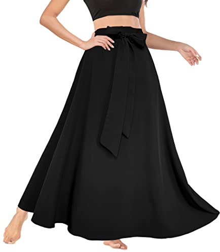 Afibi Women's High Waist Skirt Tie Front A-Line Flowy Long Maxi Skirts with Pockets (Large, Black)