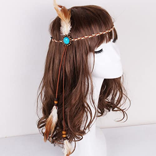 FOLANDO Kopfschmuck indianer Damen Feder Stirnband Perlenquasten Türkis hippie Schmuck Boho Kopfkette mittelalter hippie Kostüm Kopfschmuck Haarschmuck für Damen mädchen Cosplay Halloween
