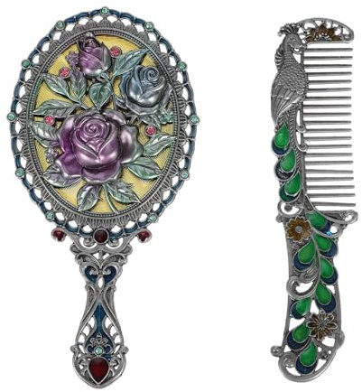 Cabilock Miroir À Main Vintage avec Poignée Sculptée, Ensemble De Miroir Et Peigne en Alliage De Zinc, Compact Et Portable, Idéal pour Maquillage Quotidien Et Voyage, Argenté