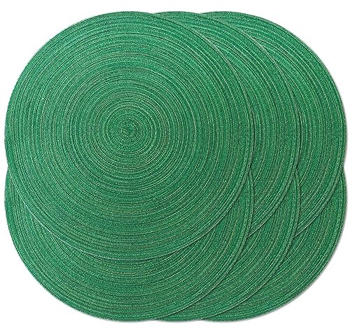 Noctiflorous 38,1 cm Runde Tischsets, 6er-Set, langlebig, geflochtene, gewebte, hitzebeständige Tischsets für innen und außen, rutschfeste Tischsets für Esstisch (Grüner Glanz, 6)