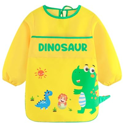 ROSEMO Malschürze Kinder Malerkittel für 6-12 Jahre Mädchen Junge Wasserdicht Malkittel Einstellbar Bastelschürze mit Dinosaurier Muster Ärmeln und Taschen Bastelkittel Kunstschürze für Schule Malerei