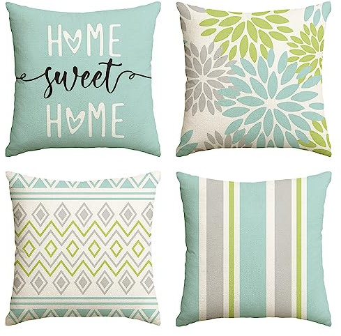 Artoid Mode Grün Dahlien Geometrisch Kissenbezüge 4er Set, 40x40 cm Frühling Zierkissenbezug Cushion Cover Couch Wohnzimmer Außenbereich Deko