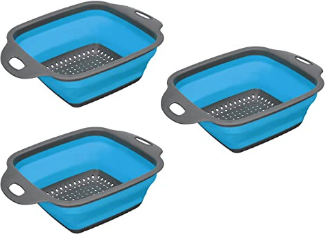sourcing map Collapsible Colander Set, 3 Pcs Silicone Square Foldable Strainer with Handle Space Saving Suitable for Pasta, Vegetables, Fruits - Blue Small