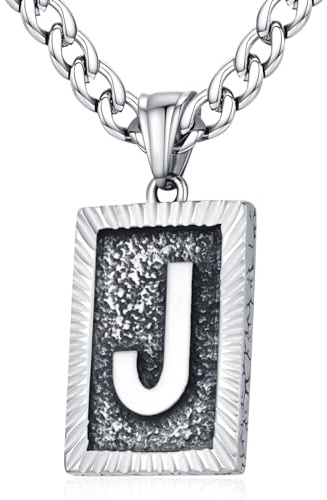 XIRUVE Herren Damen Edelstahl Buchstabe A bis Z Viereck Retro Stil Anhänger Initiale Halskette mit 6mm breite Panzerkette Länge Verstellbar J