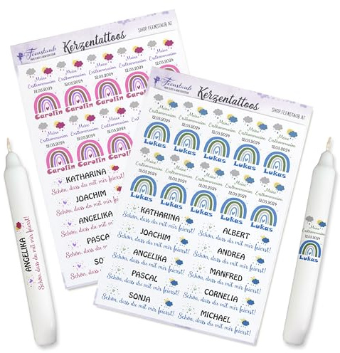 Kerzen Tattoos Kommunion, Konfirmation, Firmung, personalisierte Aufkleber für Stabkerzen, Wasserschiebefolie Regenbogen Kommunion, Kerzenfolie Kerzendeko Erstkommunion, Feenstaub