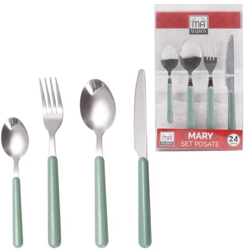 Maury's Set Di Posate Maury's, Confezione da 24 Pezzi, Realizzate In acciaio Inox Con manico Colorato, Ideali per ogni Occasione (Mary, Verde Salvia)