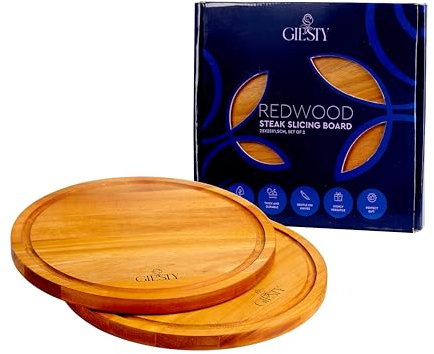 Giesty® Planche de service, planche à steak avec rigole à jus, planche à découper, plateau à charcuterie, pour fromage, viande, légumes et saucisses – Set de 2 pièces (Bois d'acajou, Ø 25cm)