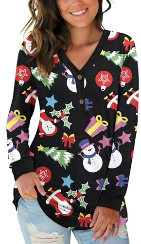 AUSELILY Camiseta de Manga Larga con Cuello en V para Mujer Blusa Henley Botones Camiseta Holgada Causal Túnica Top(Muñeco de Nieve navideño,M)