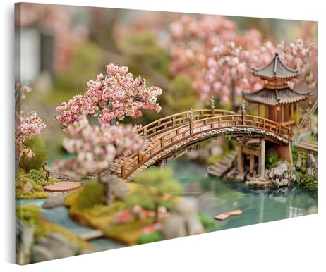 islandburner Tableau sur toile miniature jardin japonais avec pont en bois, pagode et cerisiers en fleurs