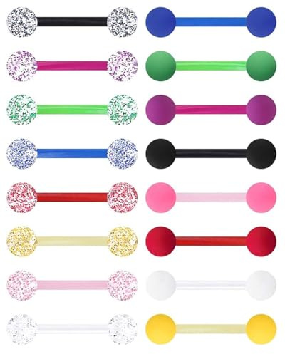 LOZTBUE Jeu de broches de langue 16 pièces, en acier chirurgical, broches de langue, tiges de broches de langue, boules assorties, jeu d'haltères, en acier chirurgical, plastique et boules assorties