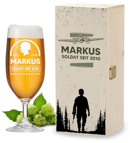 polar-effekt Leonardo Pilstulpe 0,3 L mit Gravur & Holzkiste mit UV-Druck personalisiert - Personalisiertes Geschenk-Set für Männer - Geeignet für Pils und Craft-Beer