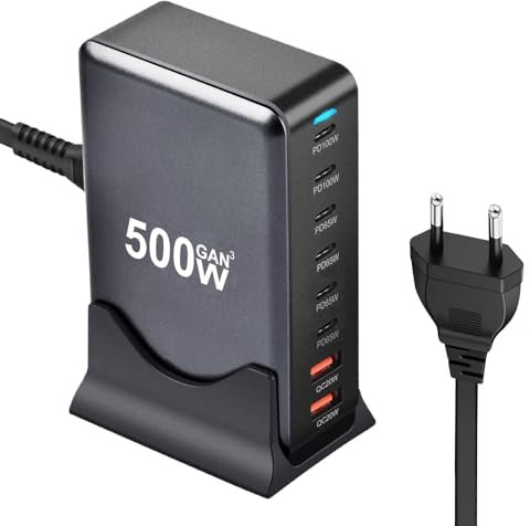 500W Chargeur USB C,8 Ports Multiple GaN Chargeur Secteur avec 6 USB-C et 2 USB-A,Chargeur Rapide Station de Charge Adaptateur Compatible avec MacBook Pro/Air Laptop,iPhone,iPad Pro,Galaxy,SteamDeck